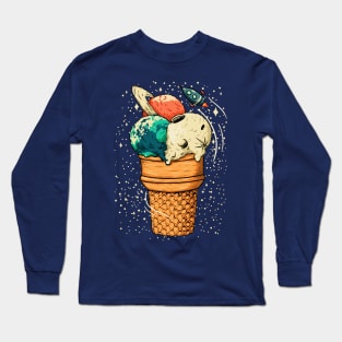 Space Ice Cream - Triple Scoop Cone Planet, Vanilla Moon, Pappermint Mint Chocolate Chip Earth, Melon, Cantaloupe, Muskmelon Saturn Long Sleeve T-Shirt